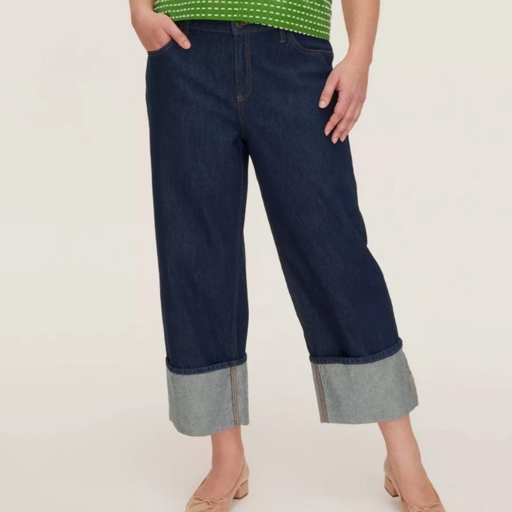 kate spade Dark Blue Cropped Wide-Leg Jeans with Rolled Cuffs